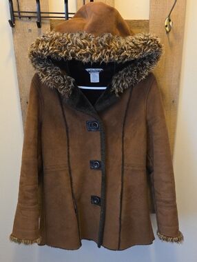 Midtown Brown Faux-Suede Hooded Coat with Fur Trim